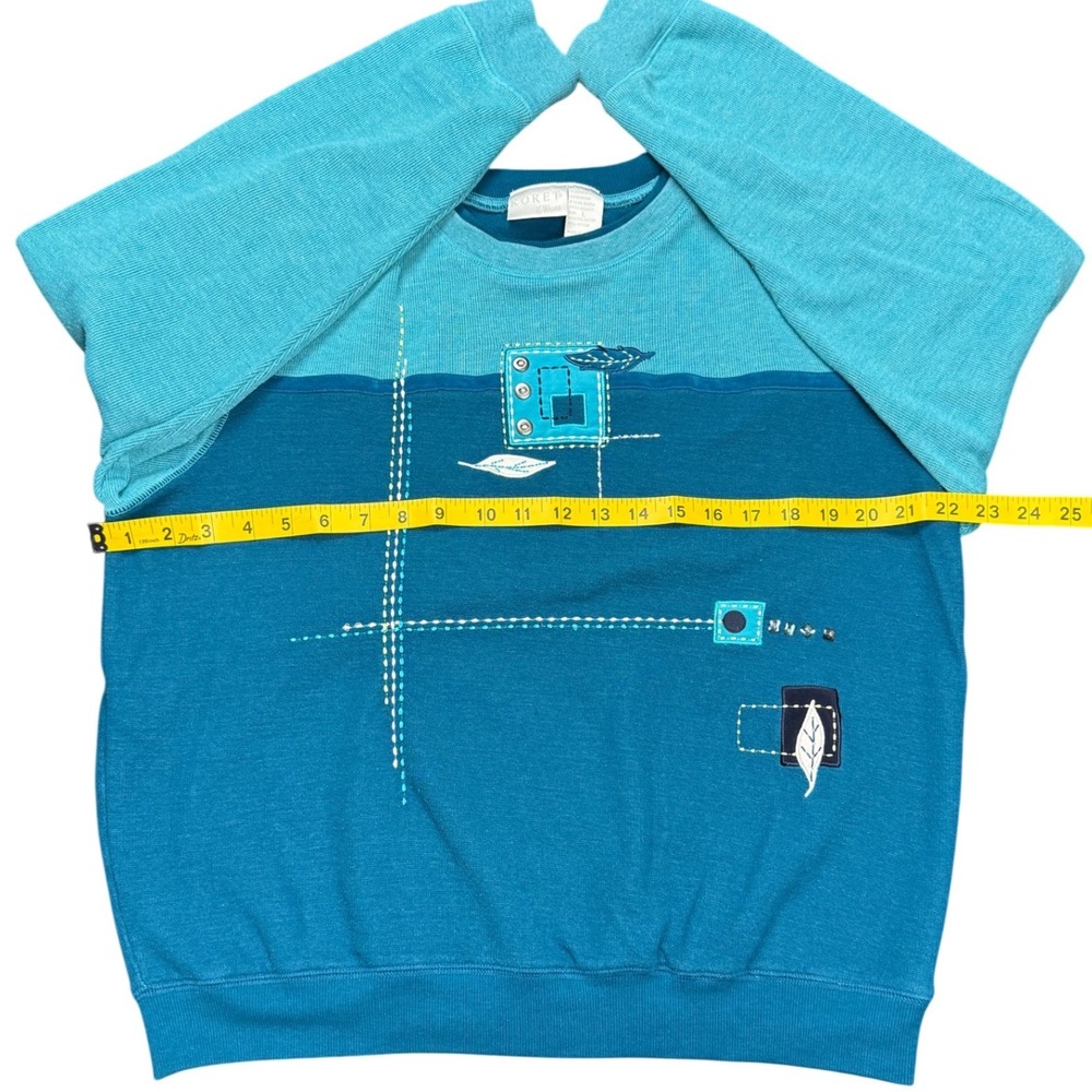 Koret Knit Colorblock Sweatshirt Teal Blue Patchwork Graphic Womens M - Picture 5 of 6